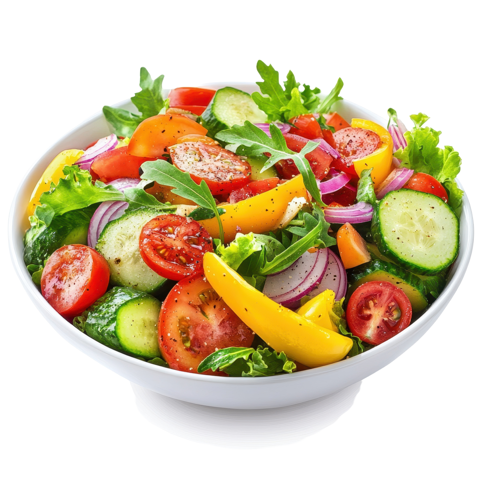 Fresh vegetable salad with colorful ingredients served in a white bowl on a clean background, Fresh vegetable salad isolated on white png