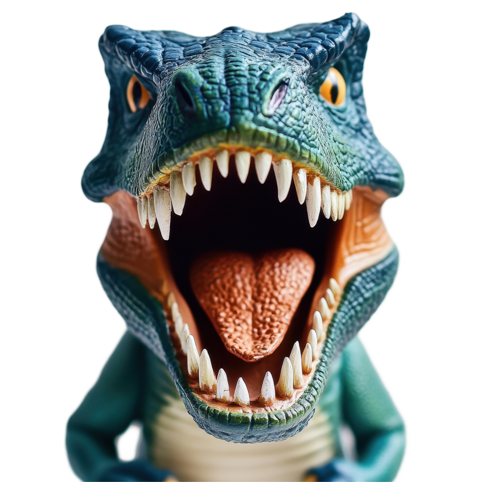Colorful toy dinosaur with sharp teeth and open mouth ready for playtime adventures, toy dinosaur with a big mouth and sharp teeth, Transparent background png