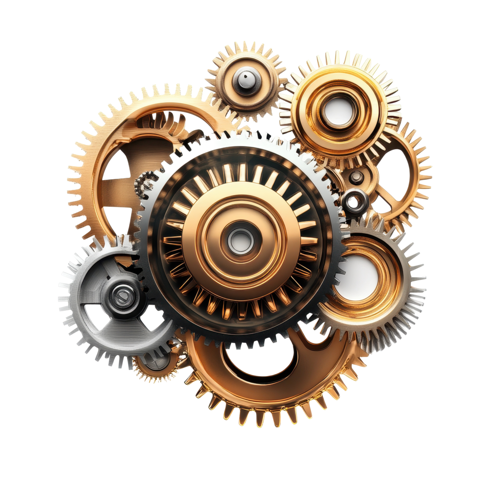 Intricate mechanical gear assembly showcasing industry technology against a clean Transparent background, Mechanical gear with industry technology background png