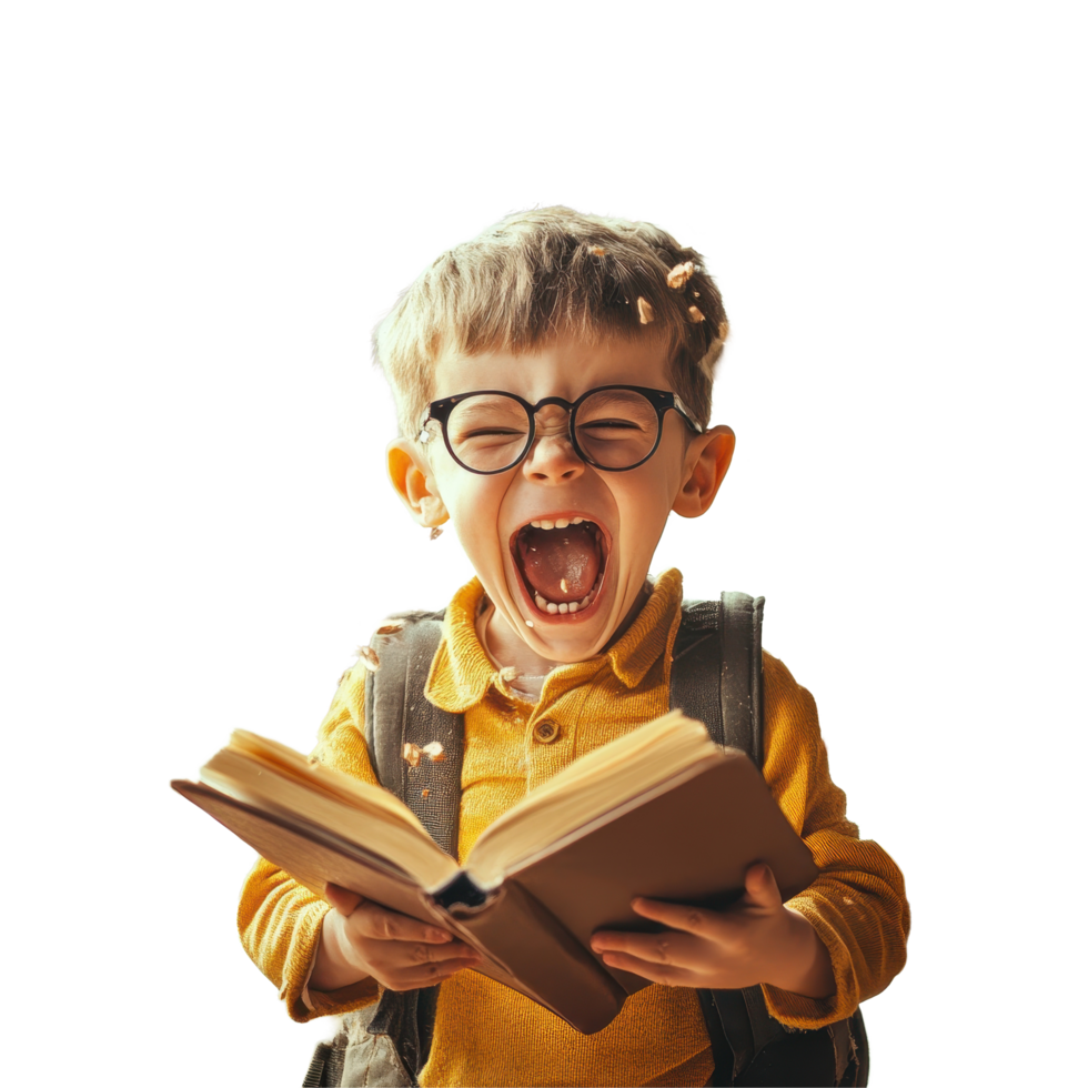Happy boy bursting with excitement while reading a book indoors surrounded by flying pages, Happy child boy with book and bag breaking through png