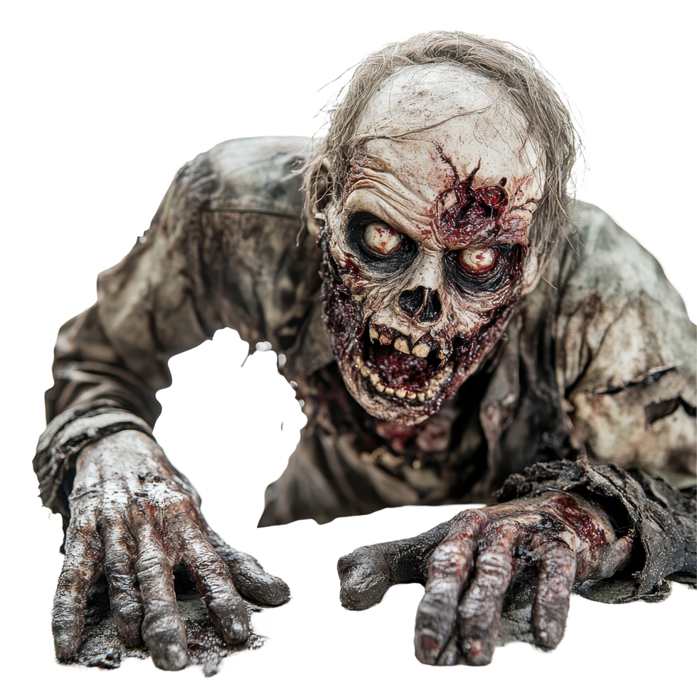 Zombie emerges from the ground with a terrifying stare against a Transparent background, Zombie Rising from Ground on background png