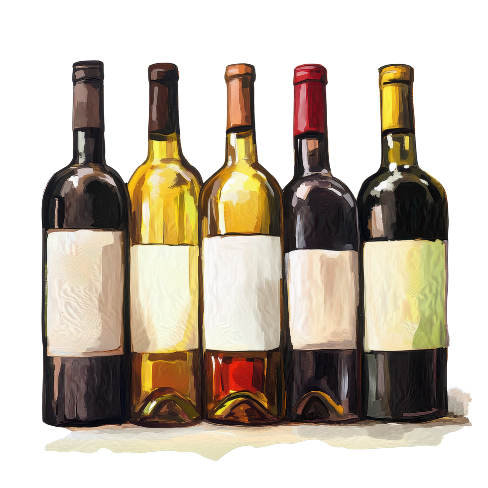Selection of wine bottles on a white background showcasing various colors and styles for wine enthusiasts, Bottles Wine png