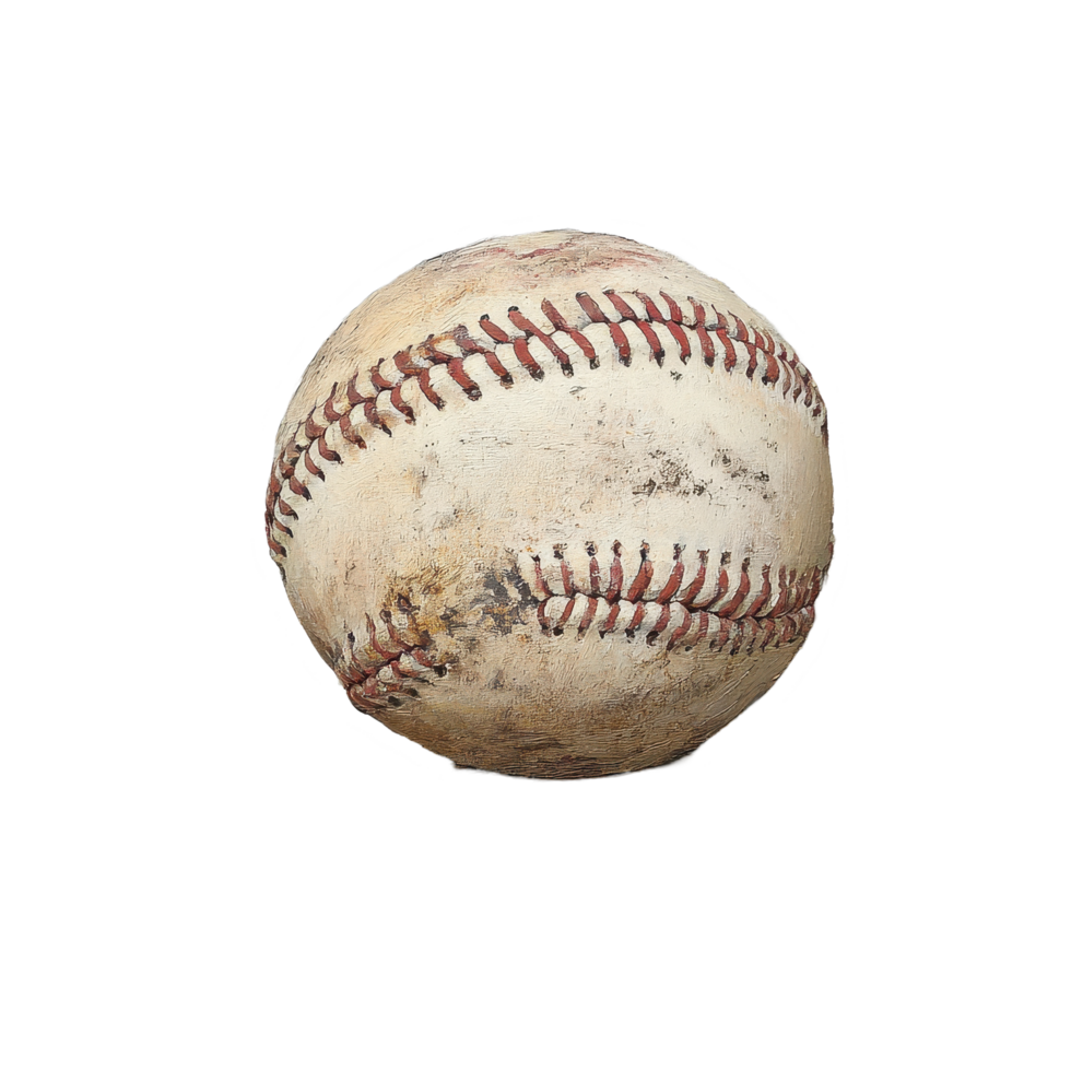 Used baseball resting on a textured surface highlighting its wear and tear in natural light, Used baseball png
