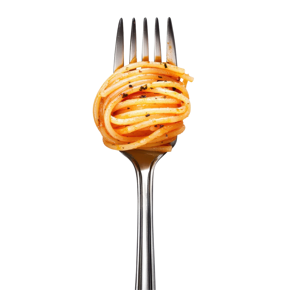 Delicious forkful of spaghetti with pepper on a white background ready to be enjoyed, Fork with spaghetti isolated on white background png