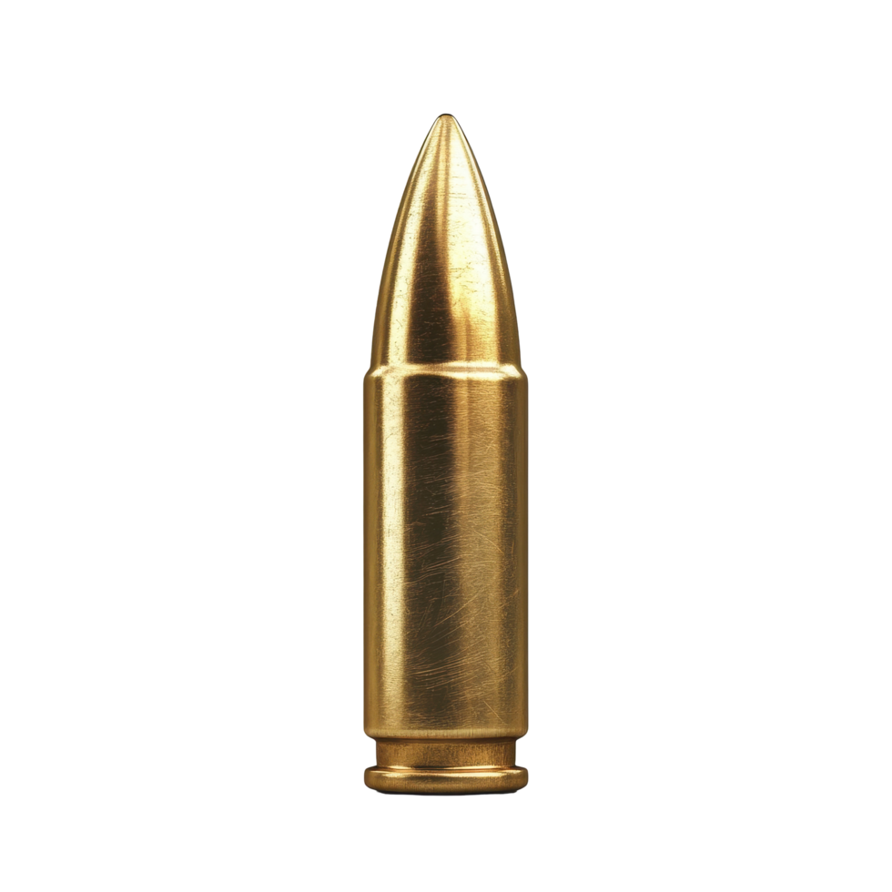 Close up view of a brass bullet on a white background showcasing its detailed design and structure, bullet isolated on white background png