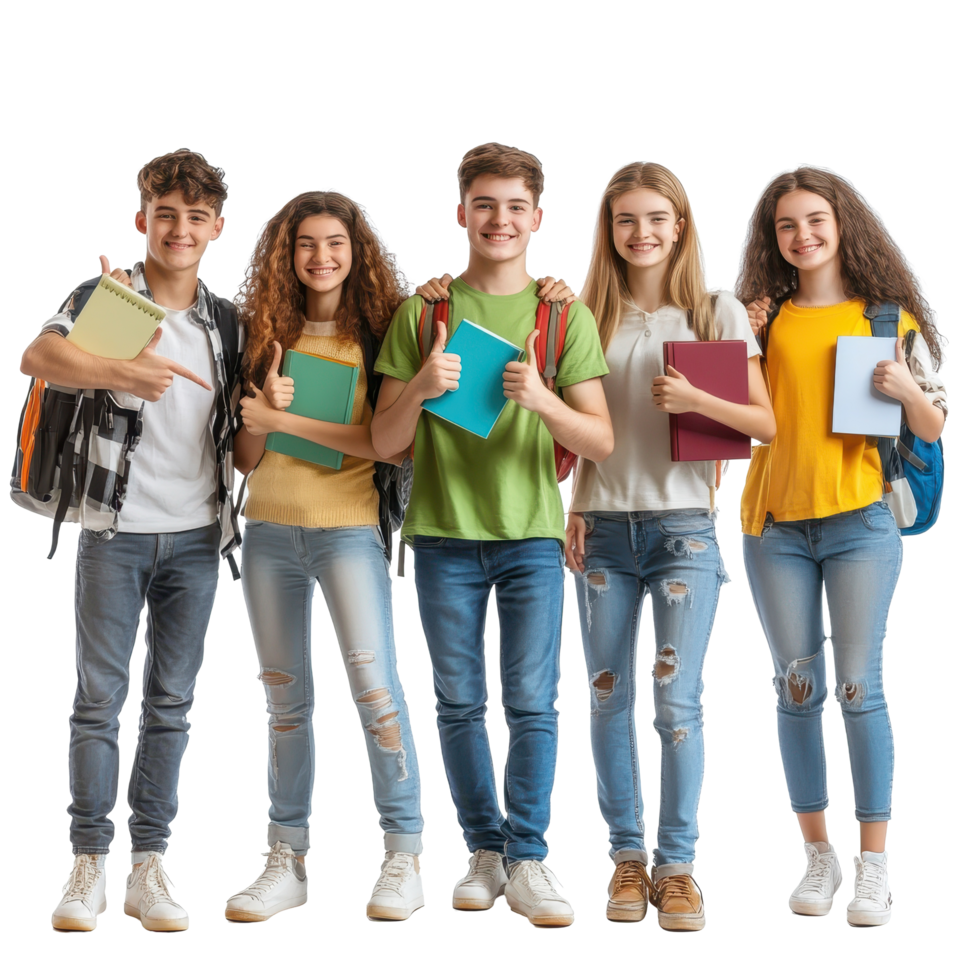 Group of cheerful students holding books and showing thumbs up in a studio setting, Group Students with books gesturing thumbs up isolated on white background png