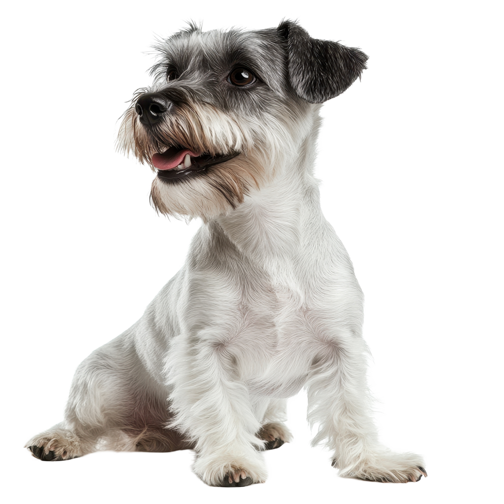 Schnauzer dog sitting on white background with an inviting expression and attentive posture, English ter dog isolated on white background png