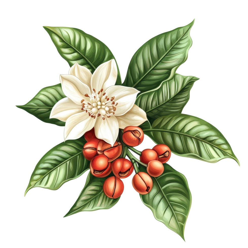 Fresh coffee flower and berries isolated against a plain white background, fresh coffee flowerisolated on white background png
