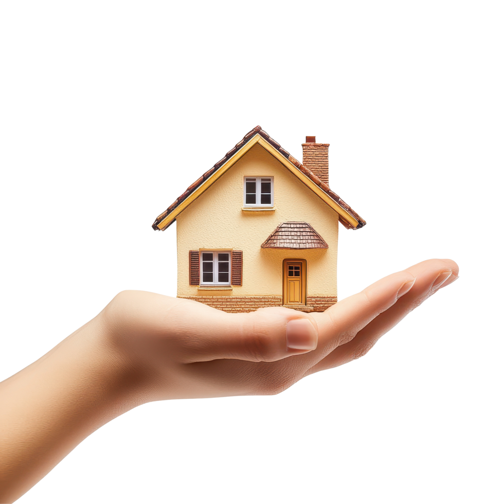 Holding a miniature house on an open palm in a bright, white setting for real estate concepts, Hand holding a house isolated on white background png