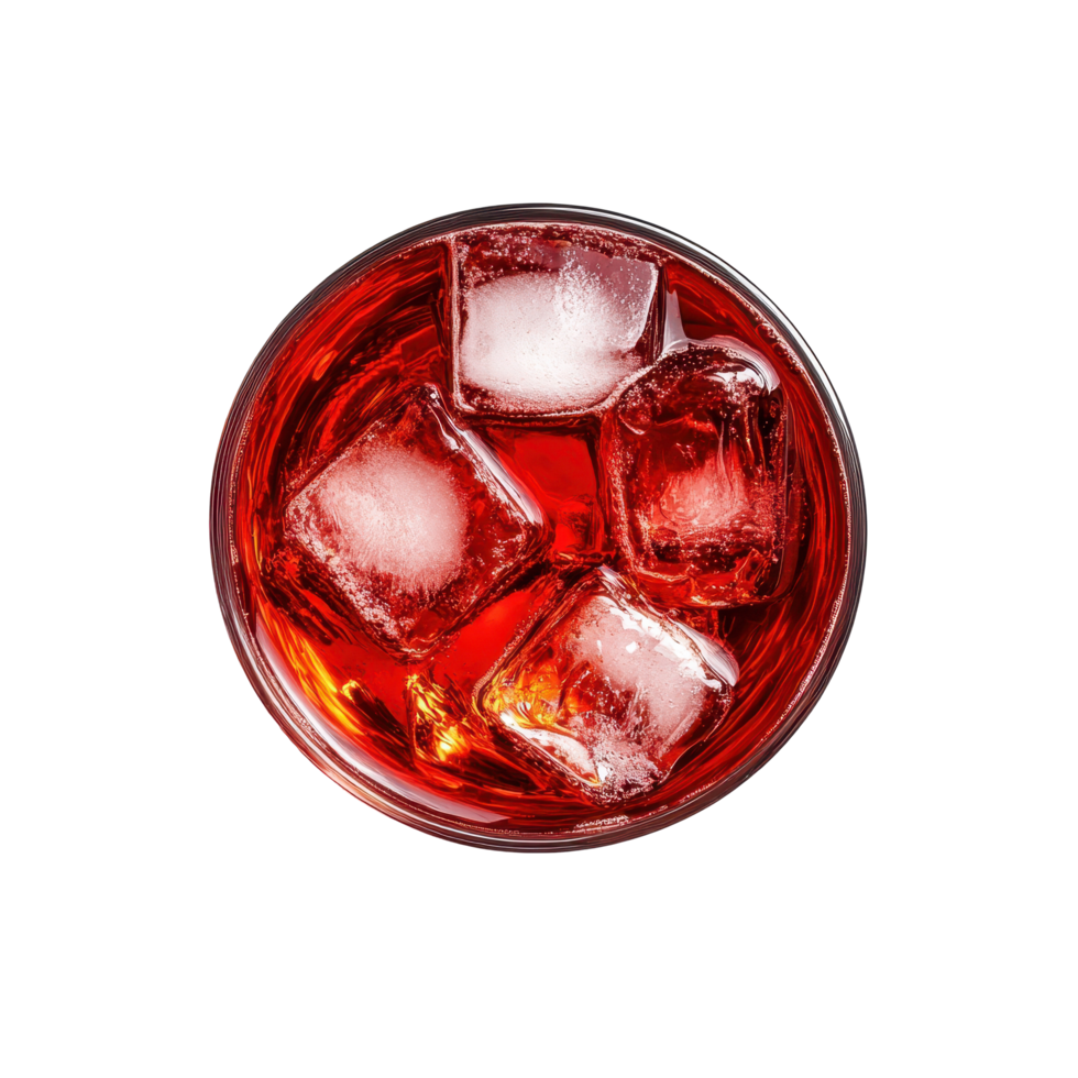 Refreshing cocktail with ice in a glass highlighting rich color and texture, glass campari with ice, vermute, negroni, top view, white background png