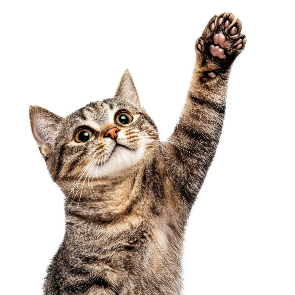 Cat giving a high five while looking at the camera against a white background, cat giving high five, look on camera, isolated white background png