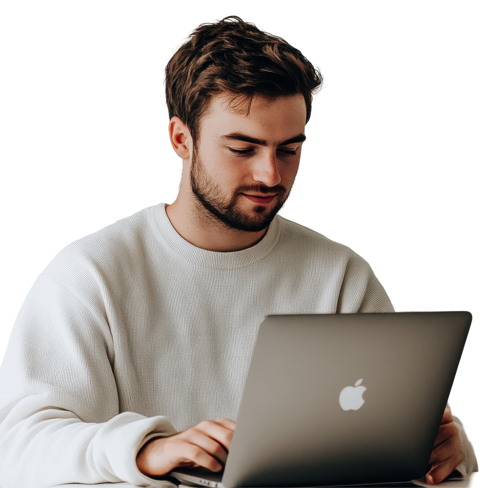 Young man working on laptop in a bright environment focusing on his tasks, man using his laptop, Transparent background png