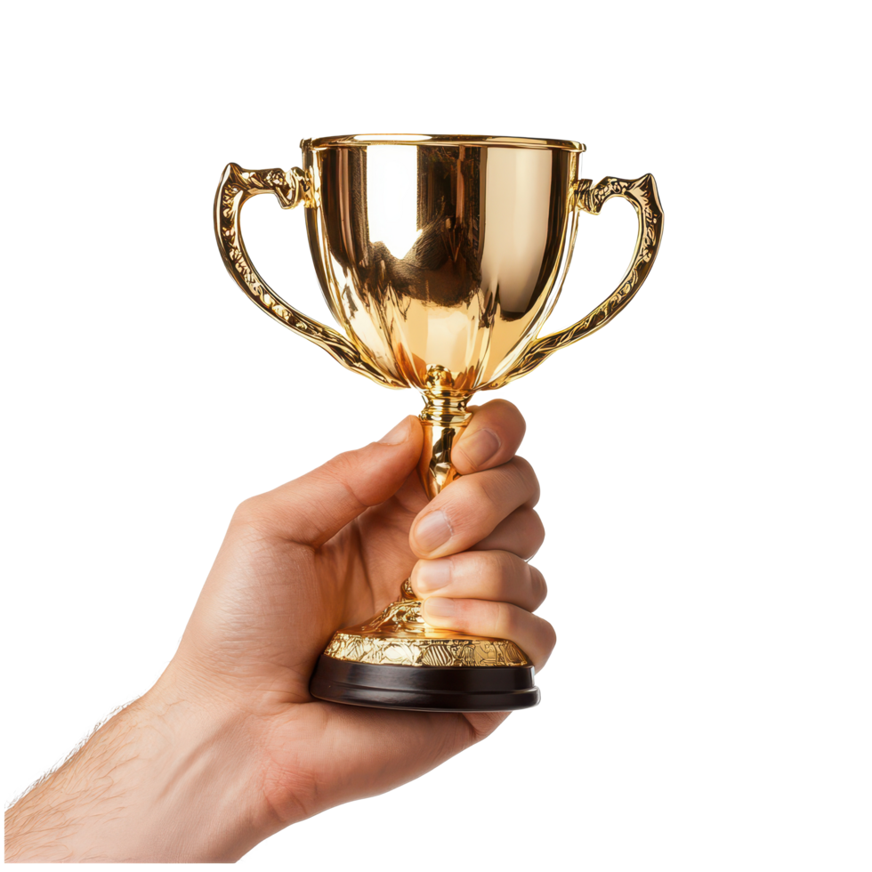Hand holding a golden trophy cup against a white background symbolizing victory and achievement, Golden Trophy Cup in Hand on white background png