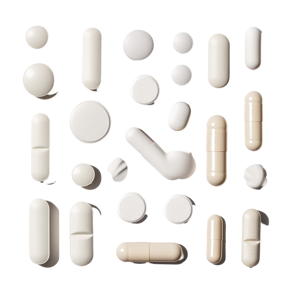 Various pills isolated on a Transparent background showing a diverse selection in size and shape, various pills isolated on background png