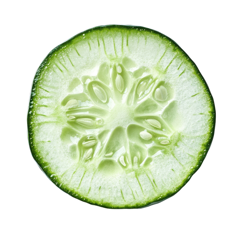 Freshly sliced striped cucumber displayed against a clean Transparent background for culinary presentation, slice striped cucumber isolated on background png