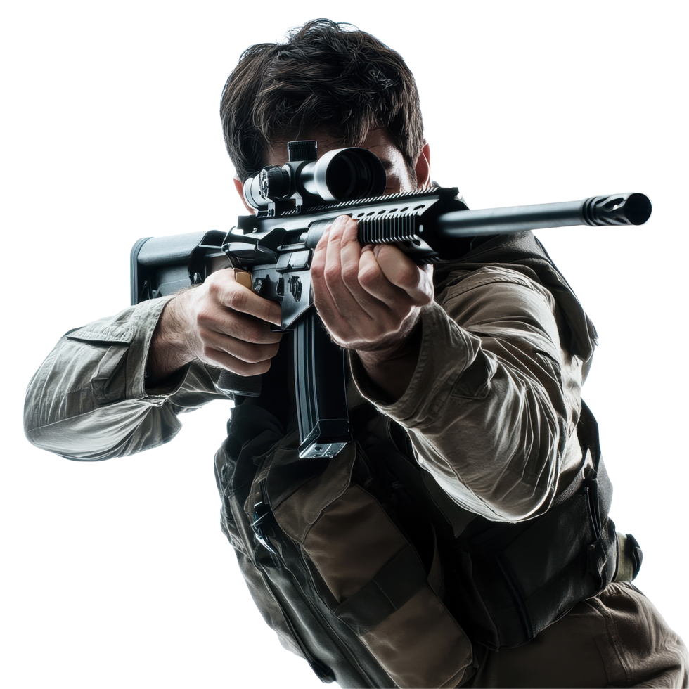 Man aiming rifle with focused determination in an isolated environment, Man Aiming With Rifle Isolated, Transparent background png