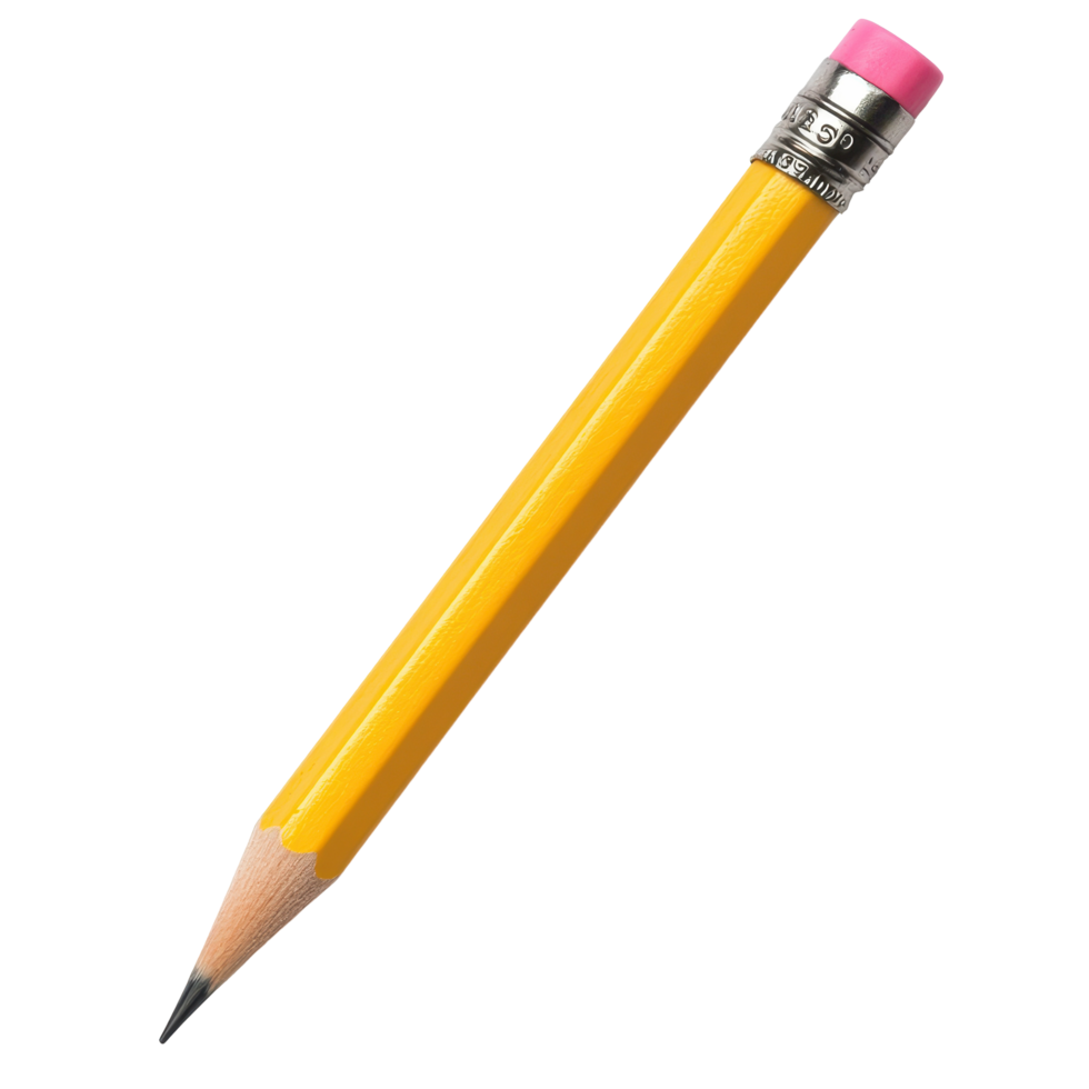 Yellow pencil with eraser on one end placed on a white backdrop for study or writing purposes, Yellow Pencil with Eraser at the End isolated on Transparent background png