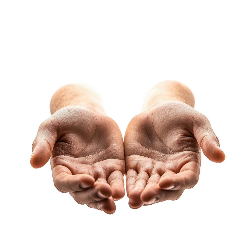 Open hands reaching out for connection, support, or help against a bright Transparent background, Open hands isolated on background png
