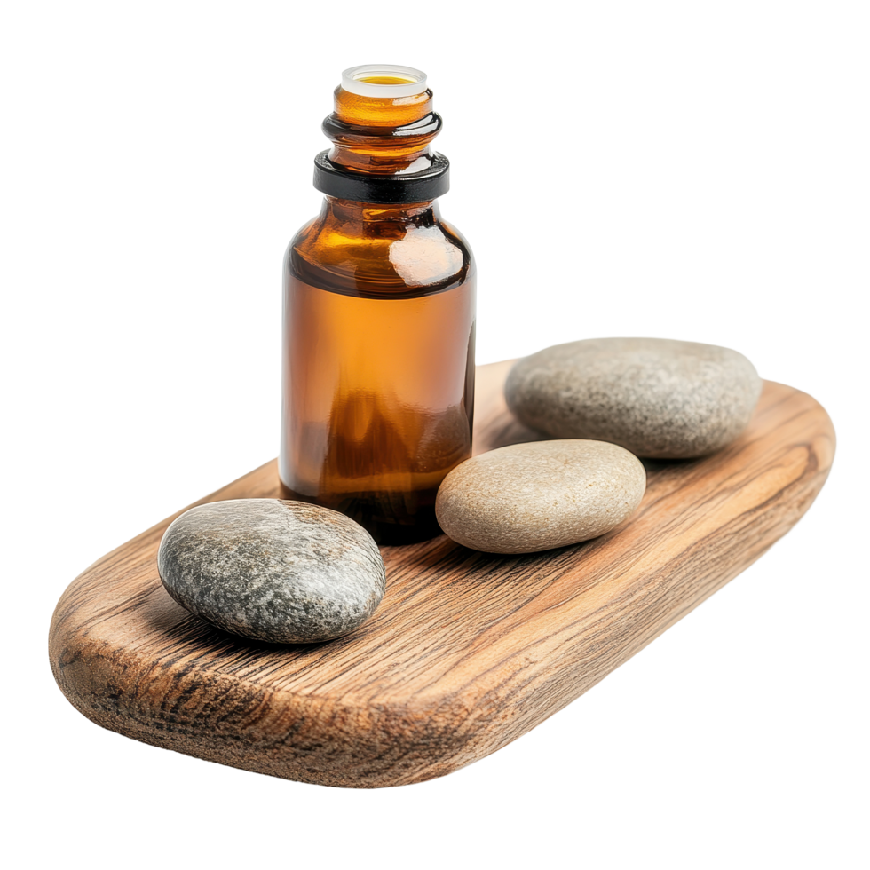 Essential oil bottle on a wooden tray with smooth stones in a calm setting, bottle essential oil sitting on a wooden tray with rocks png