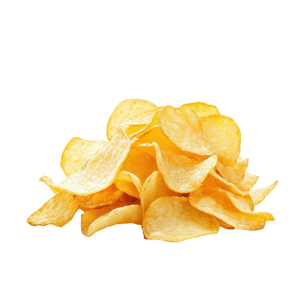 Crispy potato chips arranged in a pile on a clean Transparent background for a fresh and tasty snack, Potato chips isolated on background png