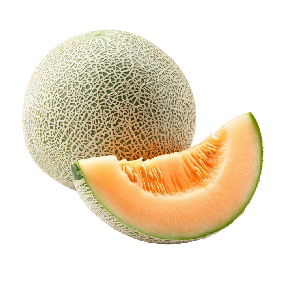Fresh Japanese cantaloupe melon whole and sliced with vibrant orange flesh, Whole Japanese melons ,cantaloupe melon isolated on Transparent background png