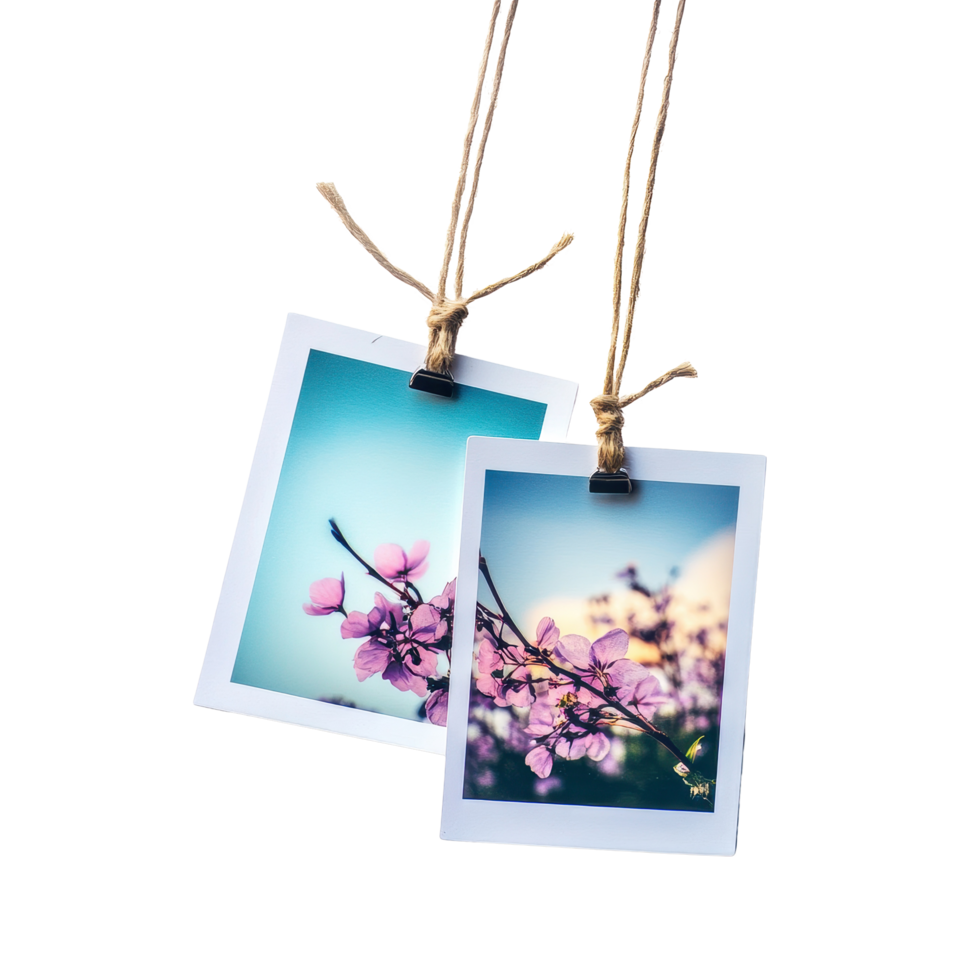 Polaroid photographs of cherry blossoms hanging against a Transparent background, two polaroid photos hanging isolated background png