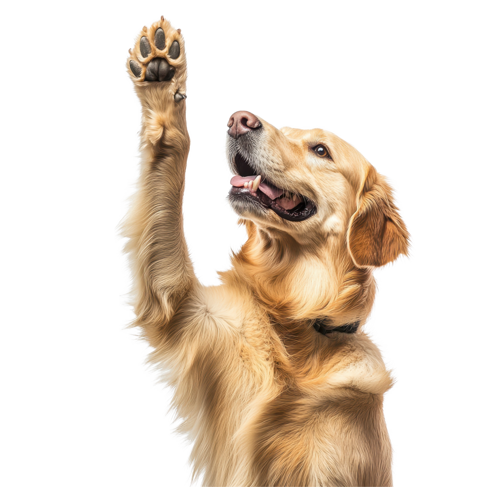 Golden Retriever Dog Performing Paw Raise Trick in Indoor Setting, Golden Retriever Dog Raising its Paw, Trained Dog Giving High Five on white background png