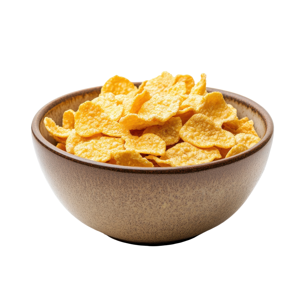 Delicious corn flakes in a bowl with a rustic design on a Transparent background, corn flakes in a bowlisolated on background png