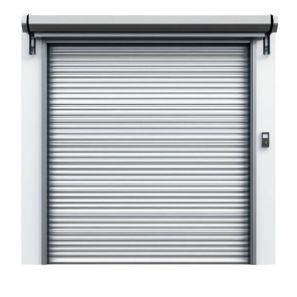 Industrial rollup door in metallic frame with modern design isolated on white background, Industrial RollUp Door in Metallic Frame isolated on white background png