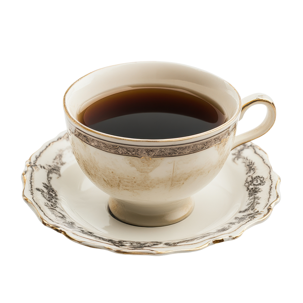 Classic cup of tea on a delicate saucer set against a clean Transparent background creating a cozy ambiance, cup of teaisolated on background png