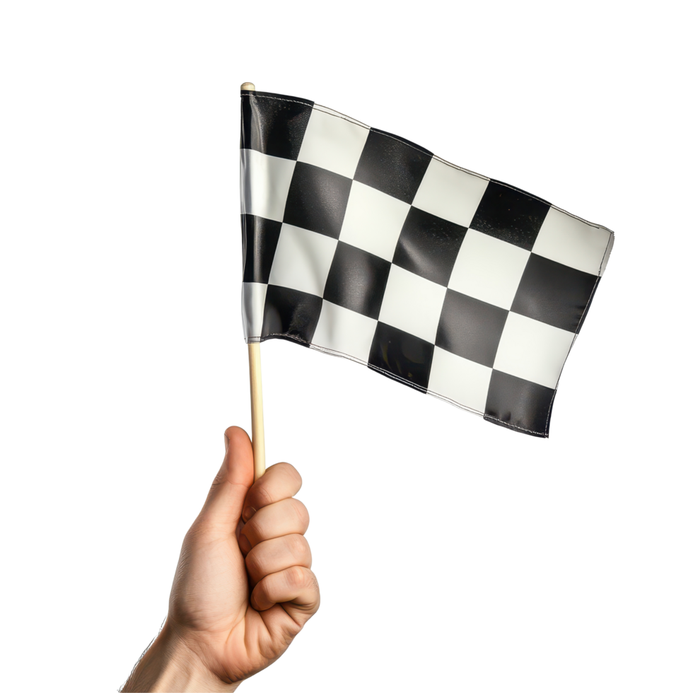 Hand holding a checkered flag signaling the end of a race against a white backdrop, hand holding a checkered flag isolated on white background png
