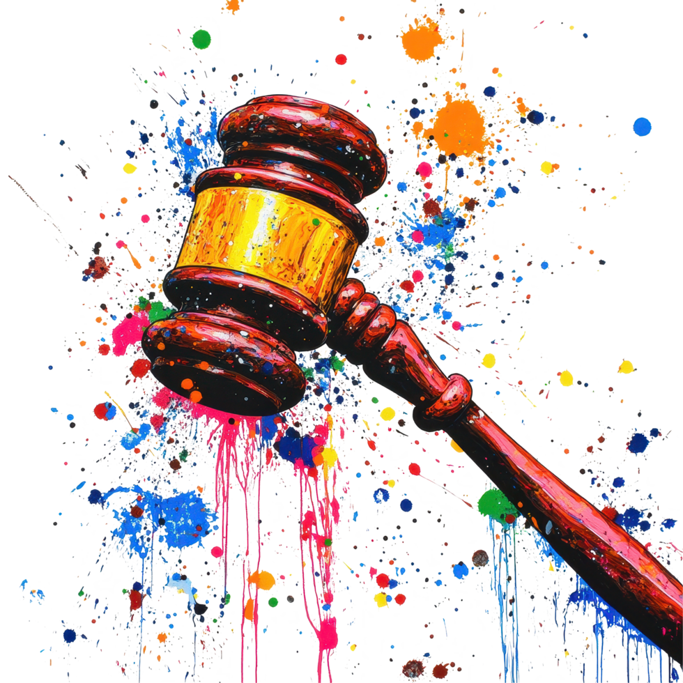 Justice represented through colorful splatter paint and a gavel in bold artistic expression, Justice at a Price A Gavel and Splatter Paint Artwork, Transparent background png