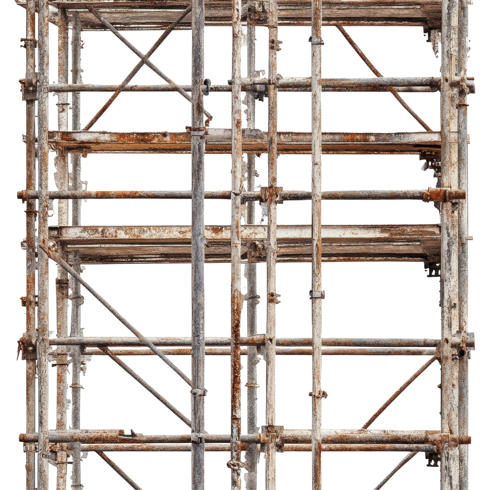 Connected old scaffolding against a white background showcasing vintage construction framework, Isolated image a photograph many connected old outdoor scaffolding on a white background png