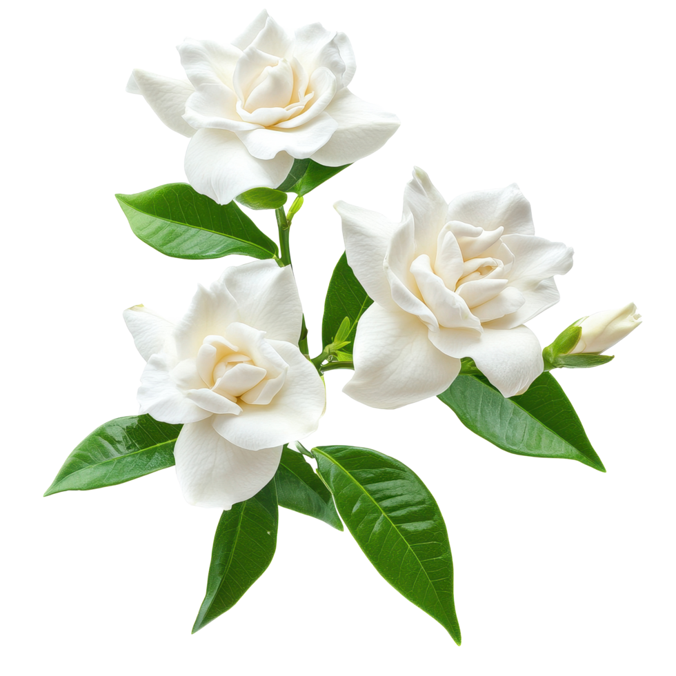 Beautiful Gardenia flowers isolated on Transparent background showcasing their delicate petals and lush green leaves, of Gardenia flowers isolated on background png