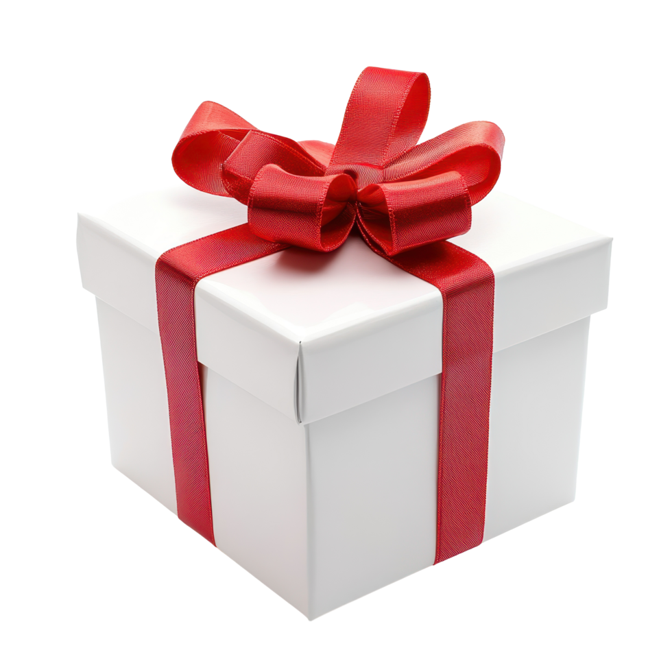 Elegant white gift box adorned with a vibrant red ribbon bow isolated on a clean white background, Gift box with a red ribbon bow isolated on white background png