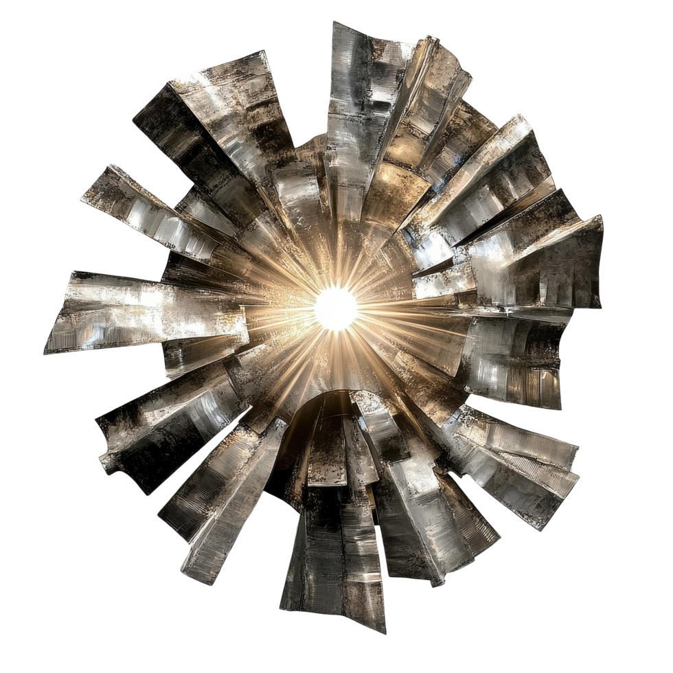 Metal artwork shines brightly with sun beams, creating an elegant focal point in the space, piece metal with a sun shining through it, Transparent background png