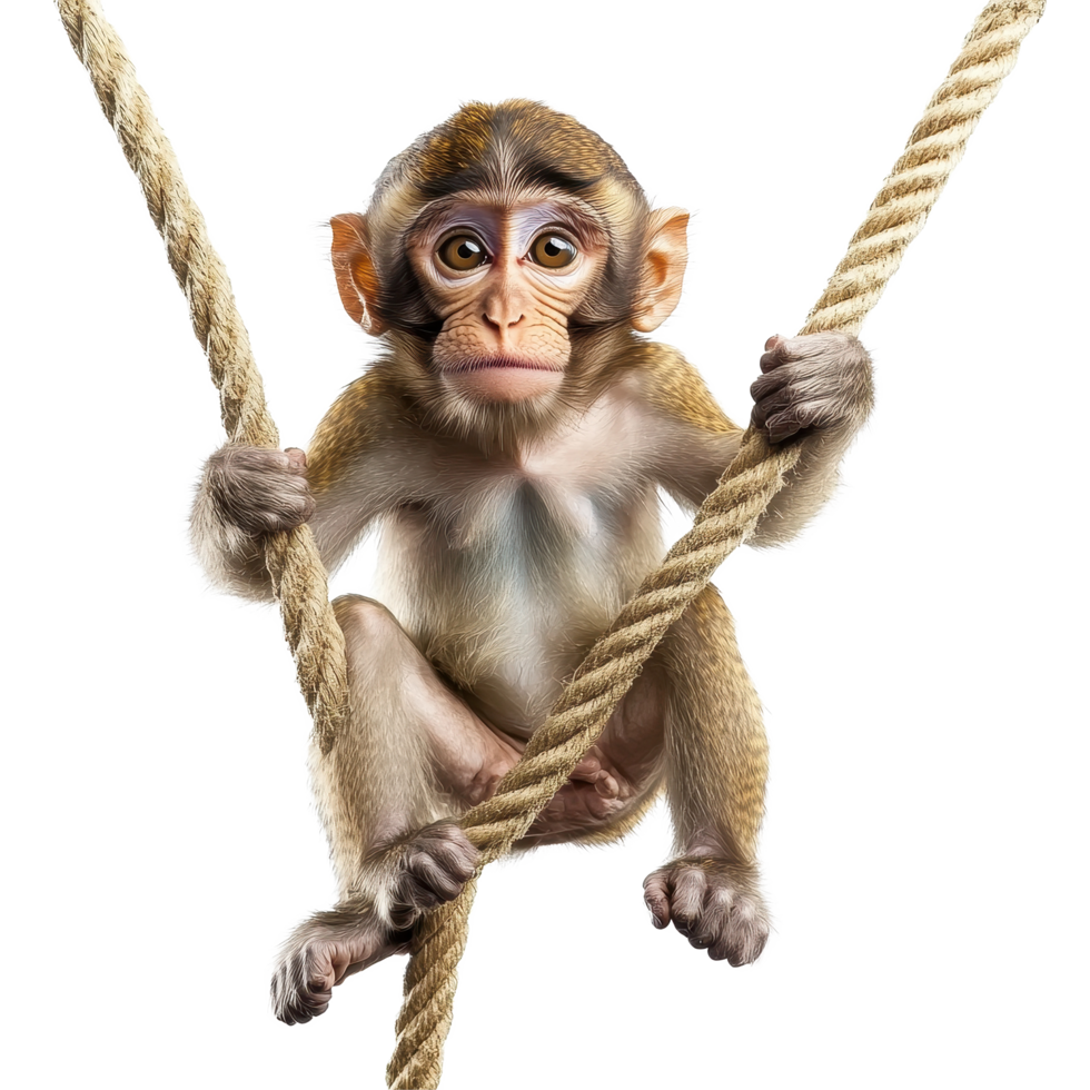 Monkey sitting on a rope against a Transparent background showcasing its curious expression and playful nature, Monkey Sitting On Rope isolated on background png