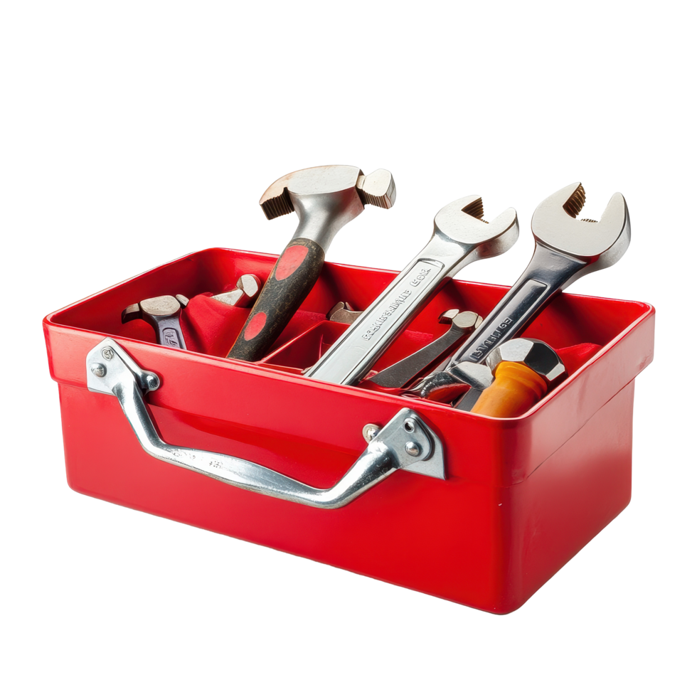 Tools neatly organized in a red toolbox on a clean Transparent background for easy access during repair tasks, Tools in a red toolbox, background png