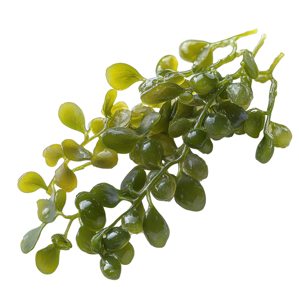 Sea grapes seaweed on a Transparent background highlighting its vibrant green color and unique texture, Sea grapes seaweed on background png