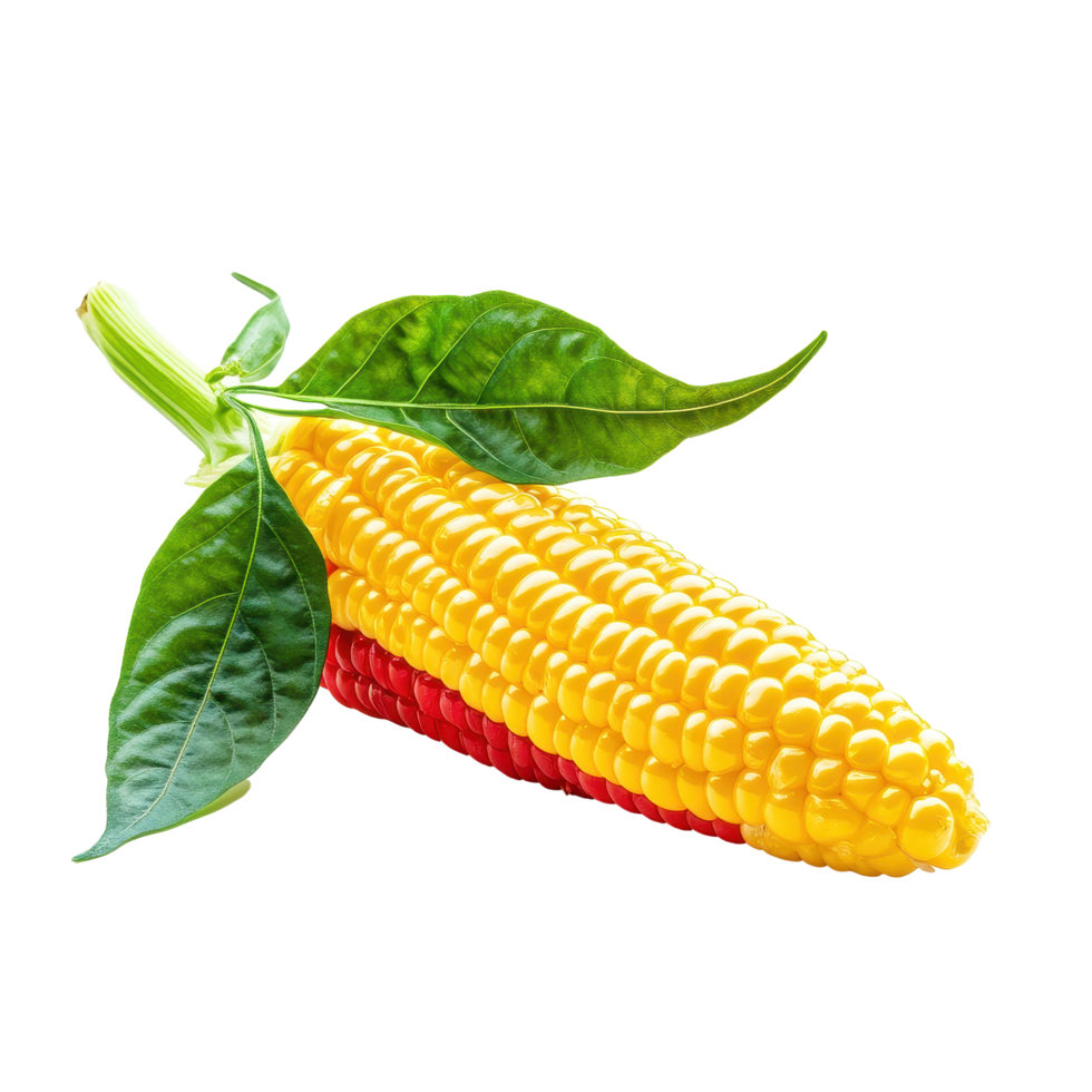 Fresh colorful pepper corn with green leaf isolated on white background showcasing vibrant agricultural produce, Fresh pepper corn with leaf isolated on white background png