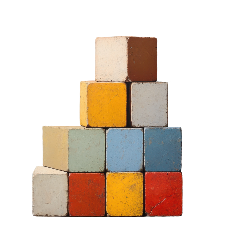 bâtiment blocs arrangé dans une pyramide forme avec une doux ombre sur une texturé surface, bâtiment blocs png