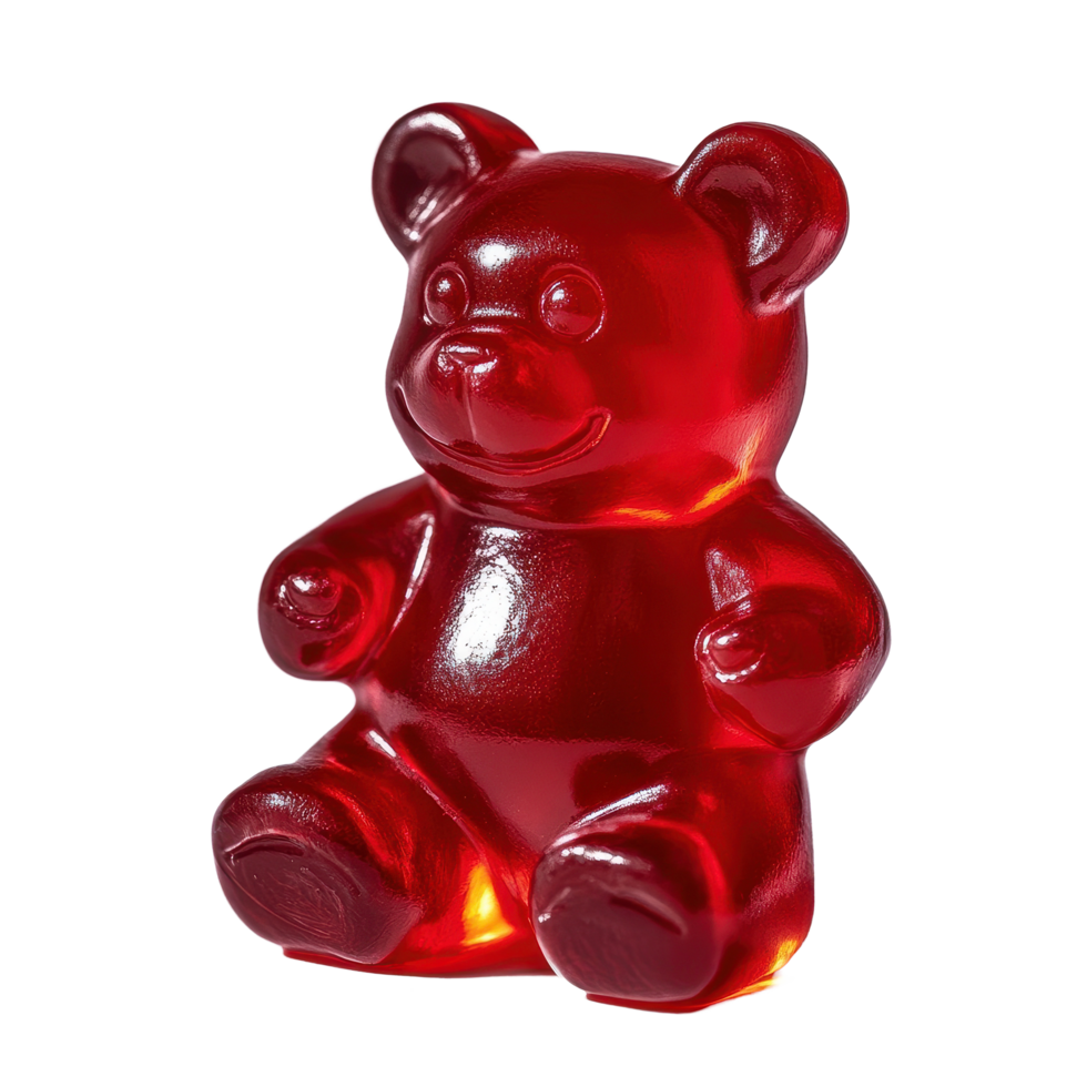 Bright red gummy bear sitting on a Transparent background showcasing its glossy surface and playful design, Red gummy bear, background png