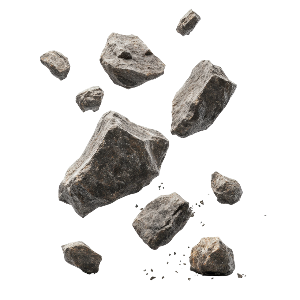 Falling rocks captured against a clean white background displaying natural textures and shapes, Falling rocks isolated on white background png