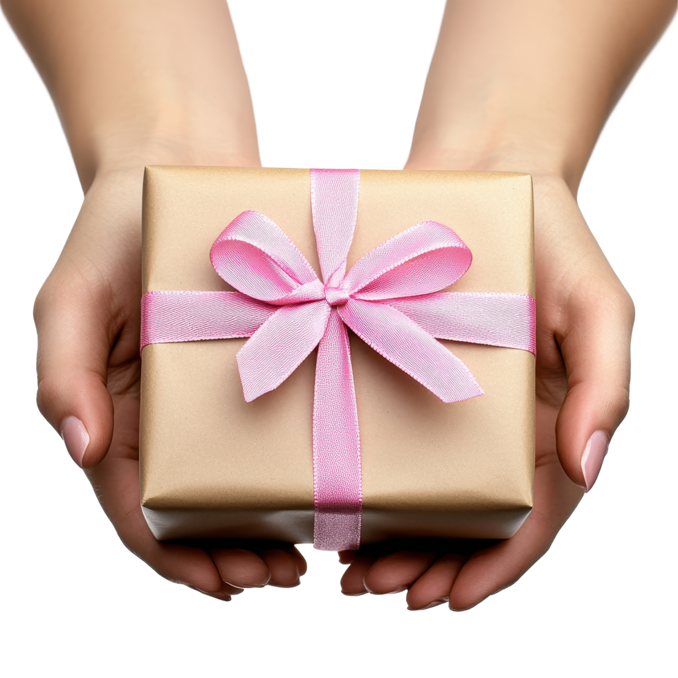 Hands presenting a beautifully wrapped gift in craft paper with a pink ribbon for a special occasion, Hands Presenting a Gift Wrapped in Craft Paper with Pink Ribbon On white background png