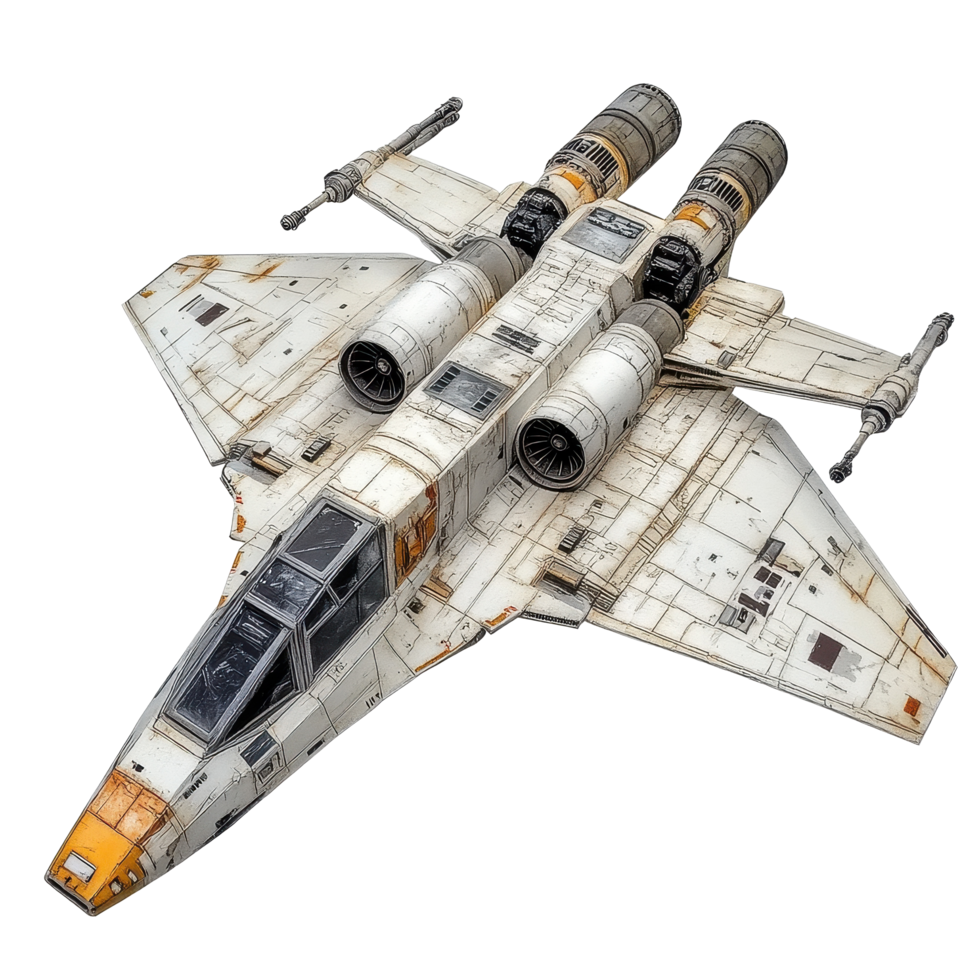 Model of a star fighter jet with turret designed in a worn white finish for display purposes, model a star wars fighter jet with a turret, Transparent background png