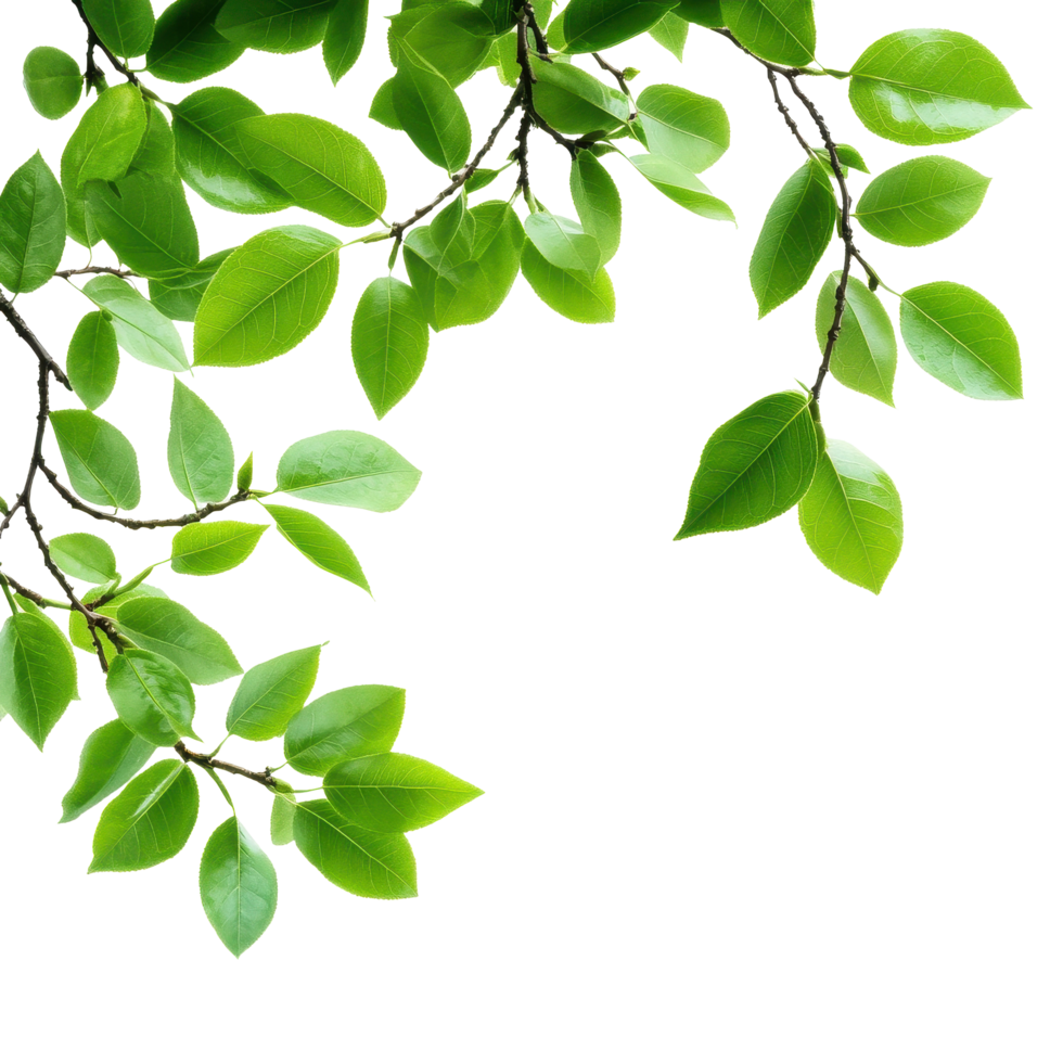 Closeup of fresh green leafy branches against a bright Transparent background showcasing natures details, Closeup view green leafy branches isolated on background png