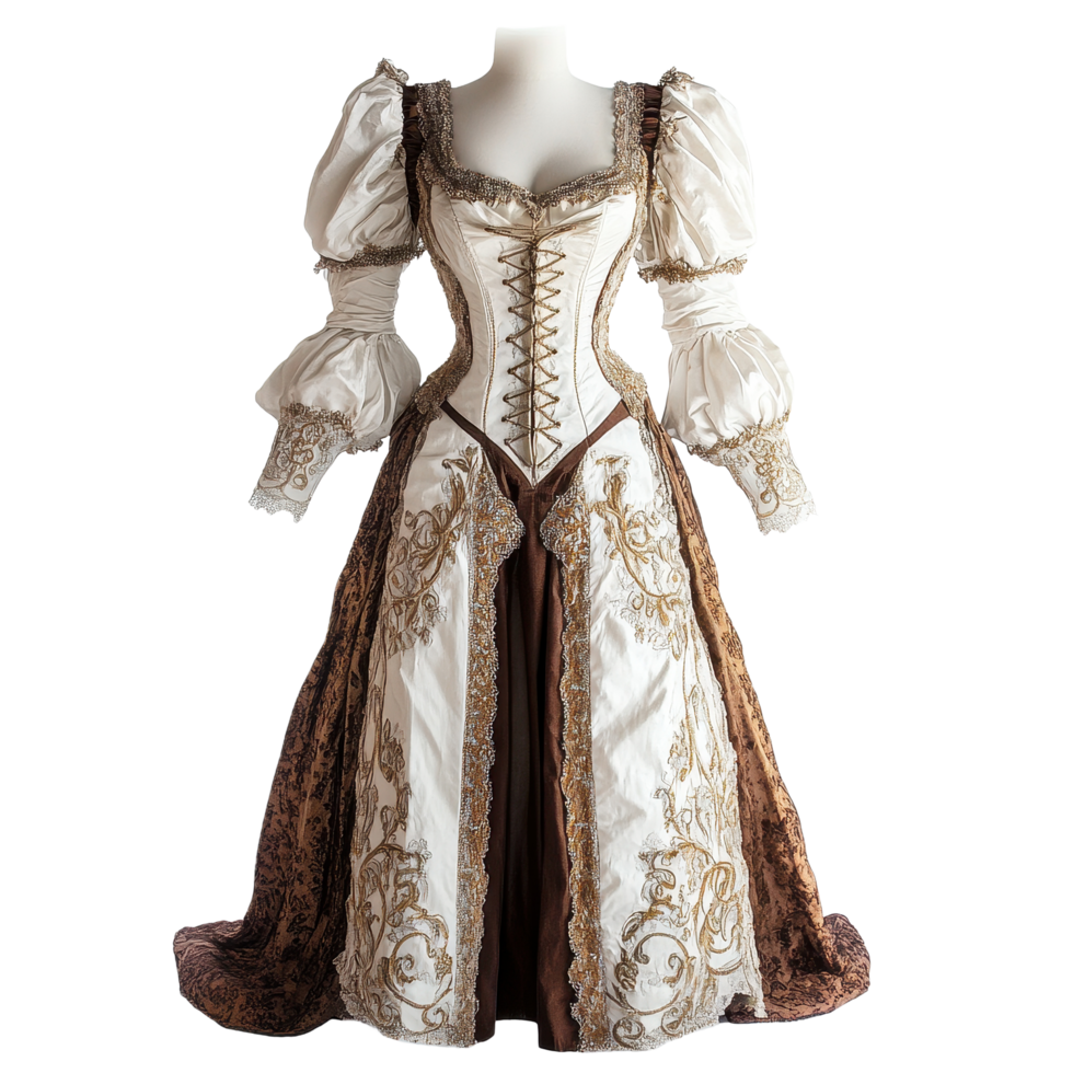 Elegant theatrical costume in white featuring intricate gold detailing and puffed sleeves on display, Theatrical costume is predominantly white with a touch brown, Transparent background png