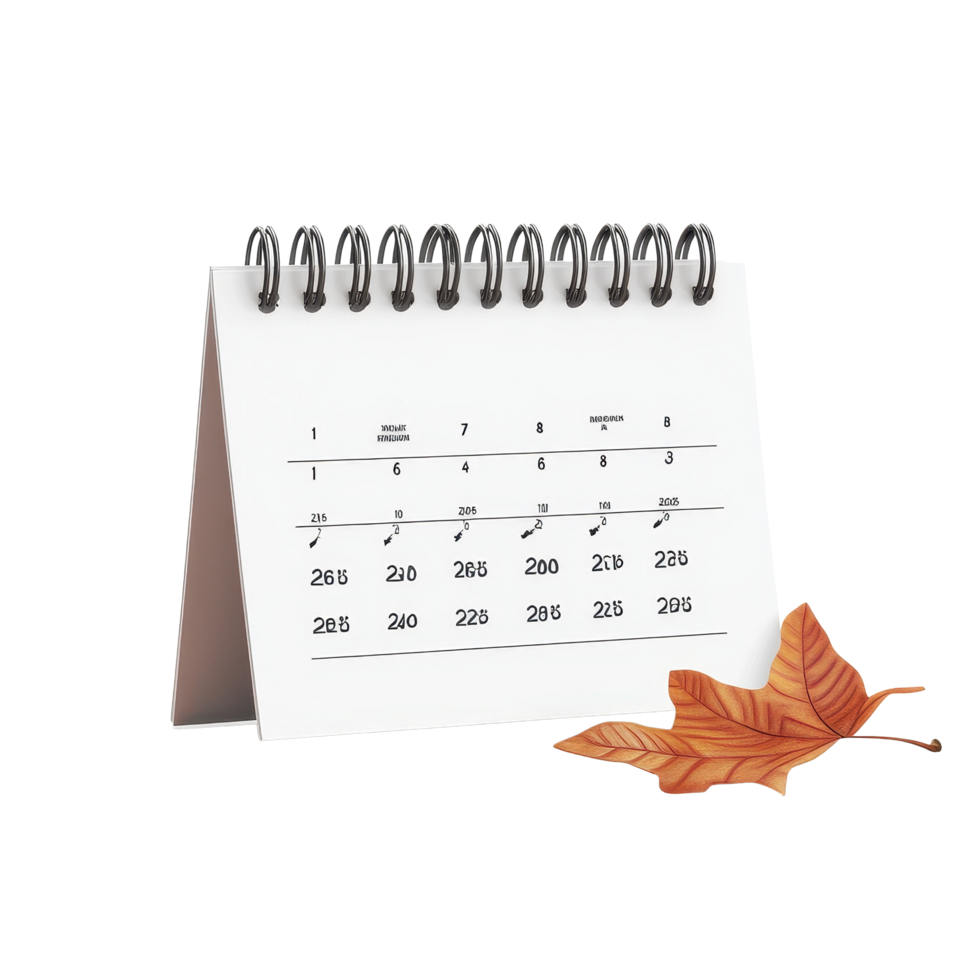 November calendar on a table with an autumn leaf on a Transparent background, table calendar 2025 november isolated on White background png