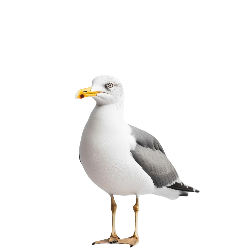 Seagull standing on a white surface with a yellow beak in a minimalist setting, seagull standing on a white surface with a yellow beak, Transparent background png