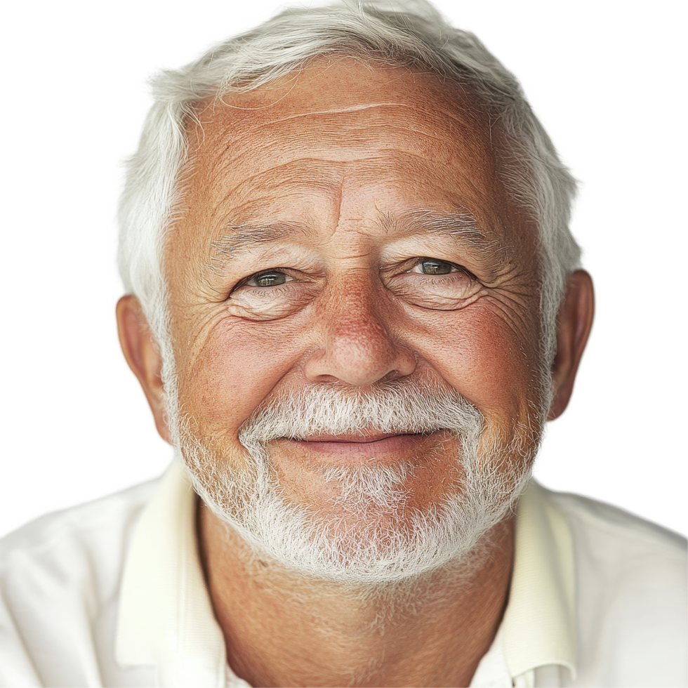 Portrait of a smiling older man against a simple Transparent background showcasing warmth and friendliness, Smiling older man portrait. background png